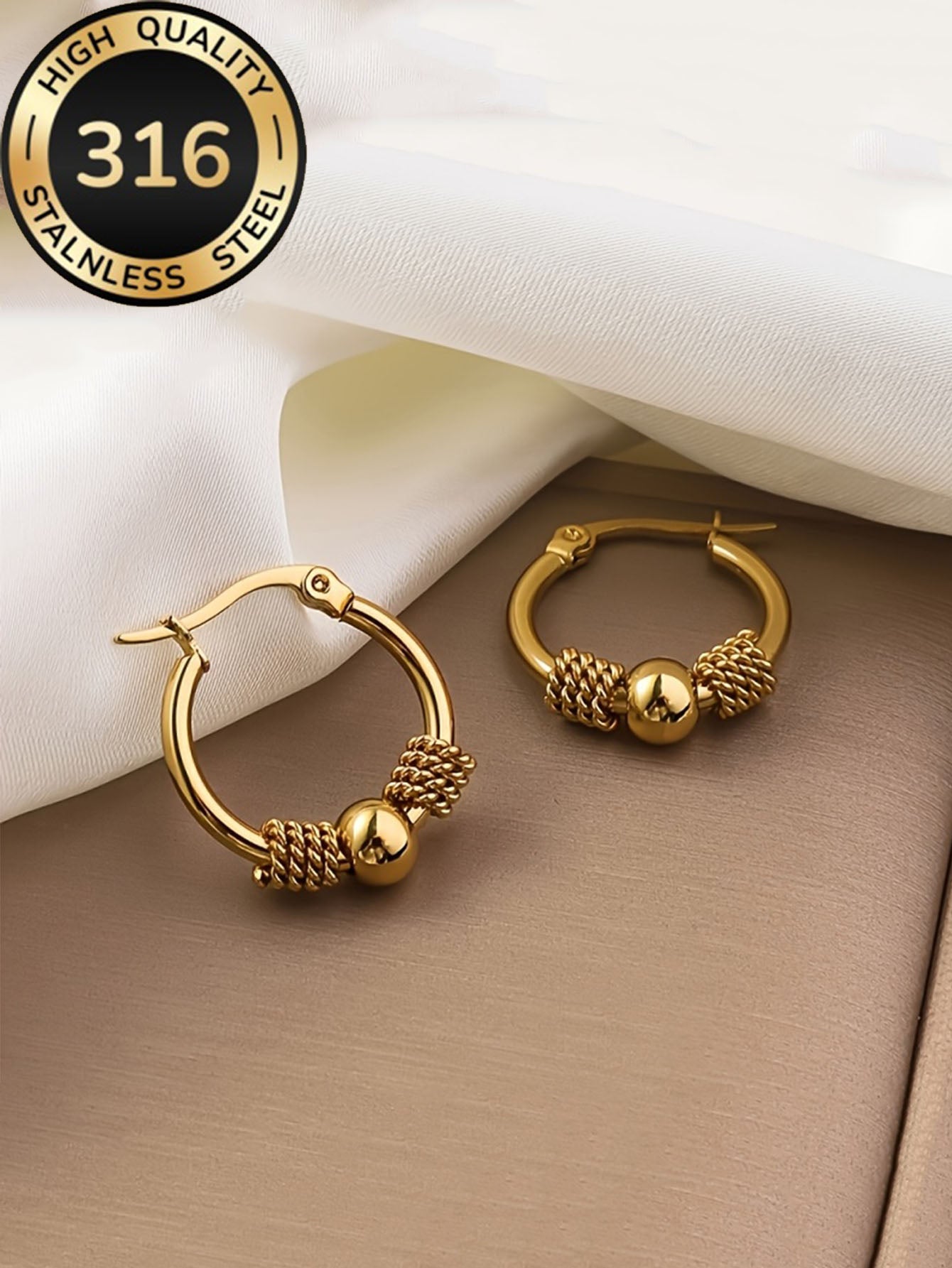 Gold Rope Bead Hoop Earrings