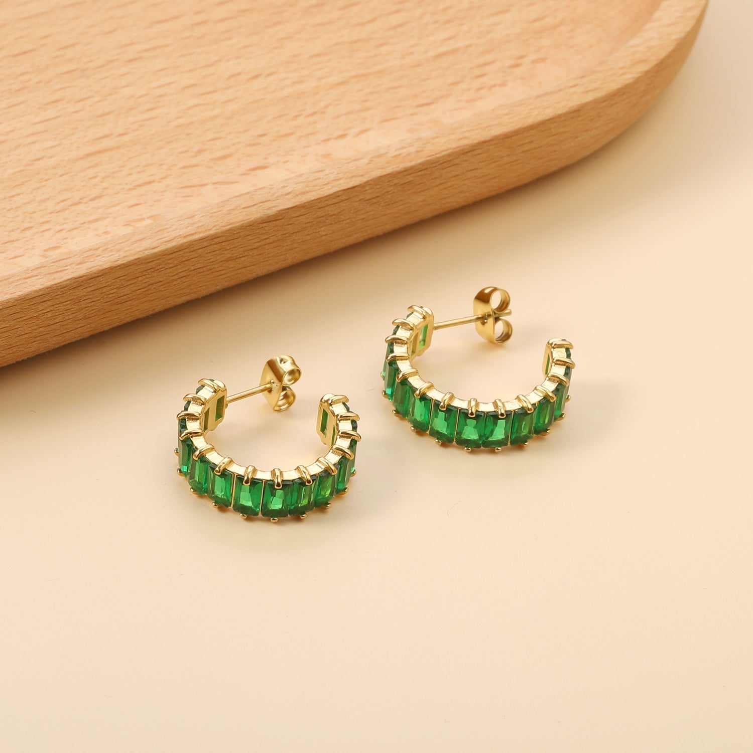 Gold Emerald Baguette Crystal C-Hoop Earrings