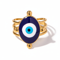 Evil Eye Triple Band Gold Ring with navy blue enamel centerpiece