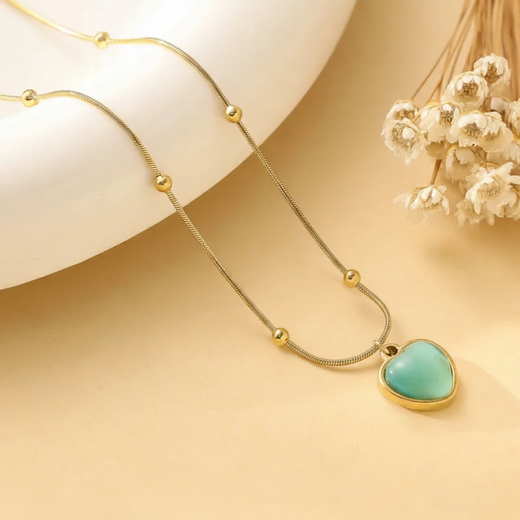 Turquoise Heart Necklace with Gold Beads