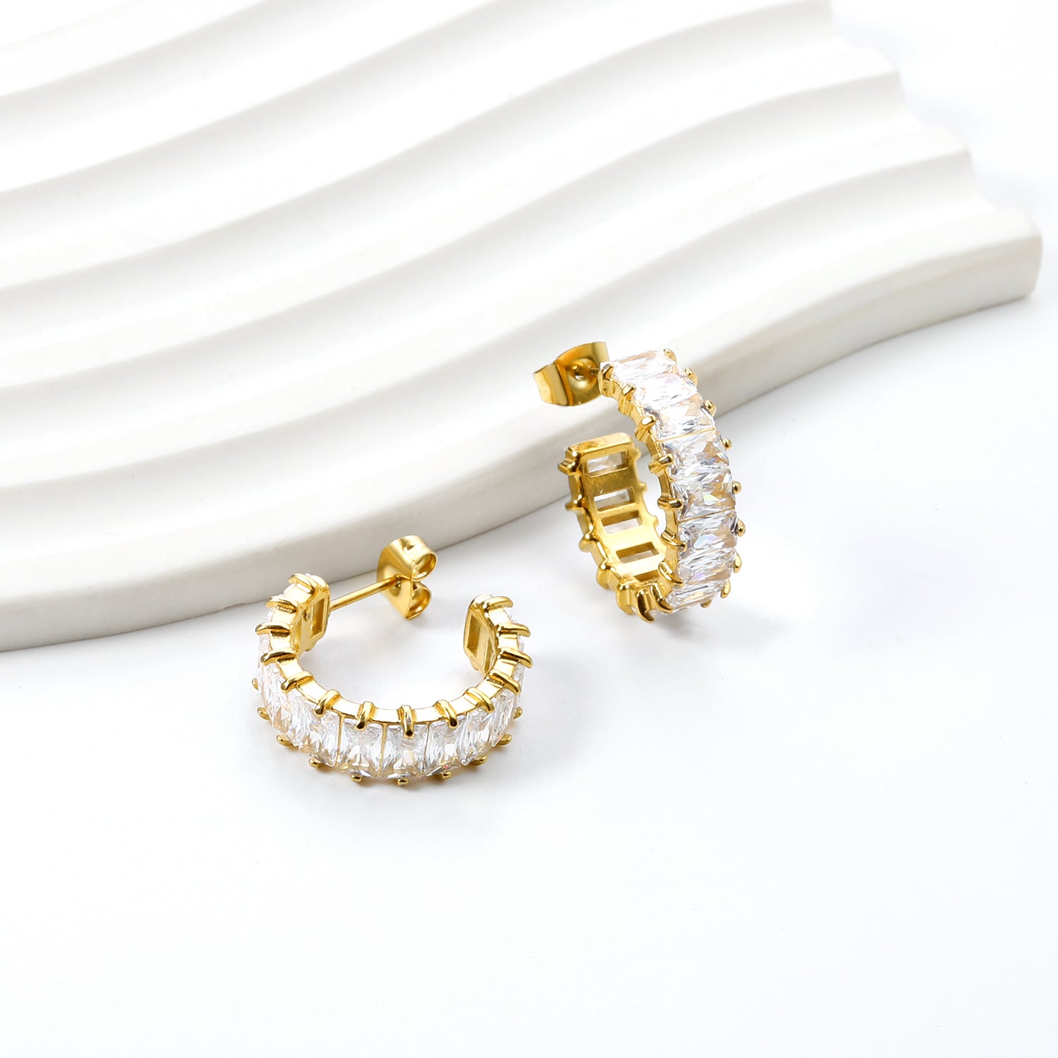 Gold Clear Baguette Crystal Hoop Earrings